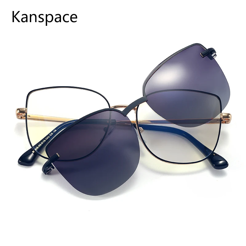 Kanspace 2 In 1 Magnetic Clip on Polarized Sunglasses Women Myopia Optical Cat Eye Vintage Glasses Metal Fashion Eyewear 95816