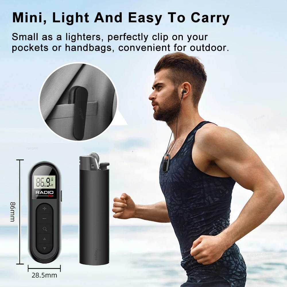 راديو جيب صغير مع شاشة LCD راديو FM محمول شخصي مع مشبك حزام سماعات الرأس راديو محمول صغير قابل لإعادة الشحن عبر USB