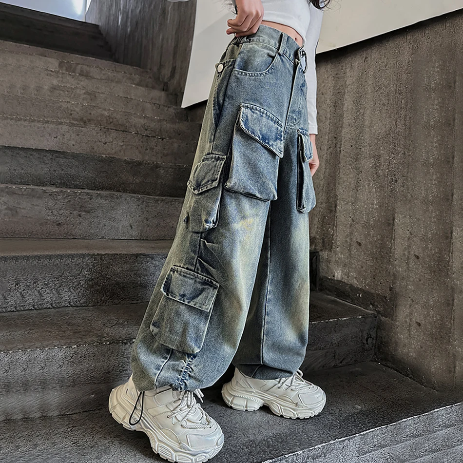 Girls Denim Pants Extra Large Pockets Hip Hop Performances and Everyday Adventures Kids Jeans Outdoor Activities Travel Pants