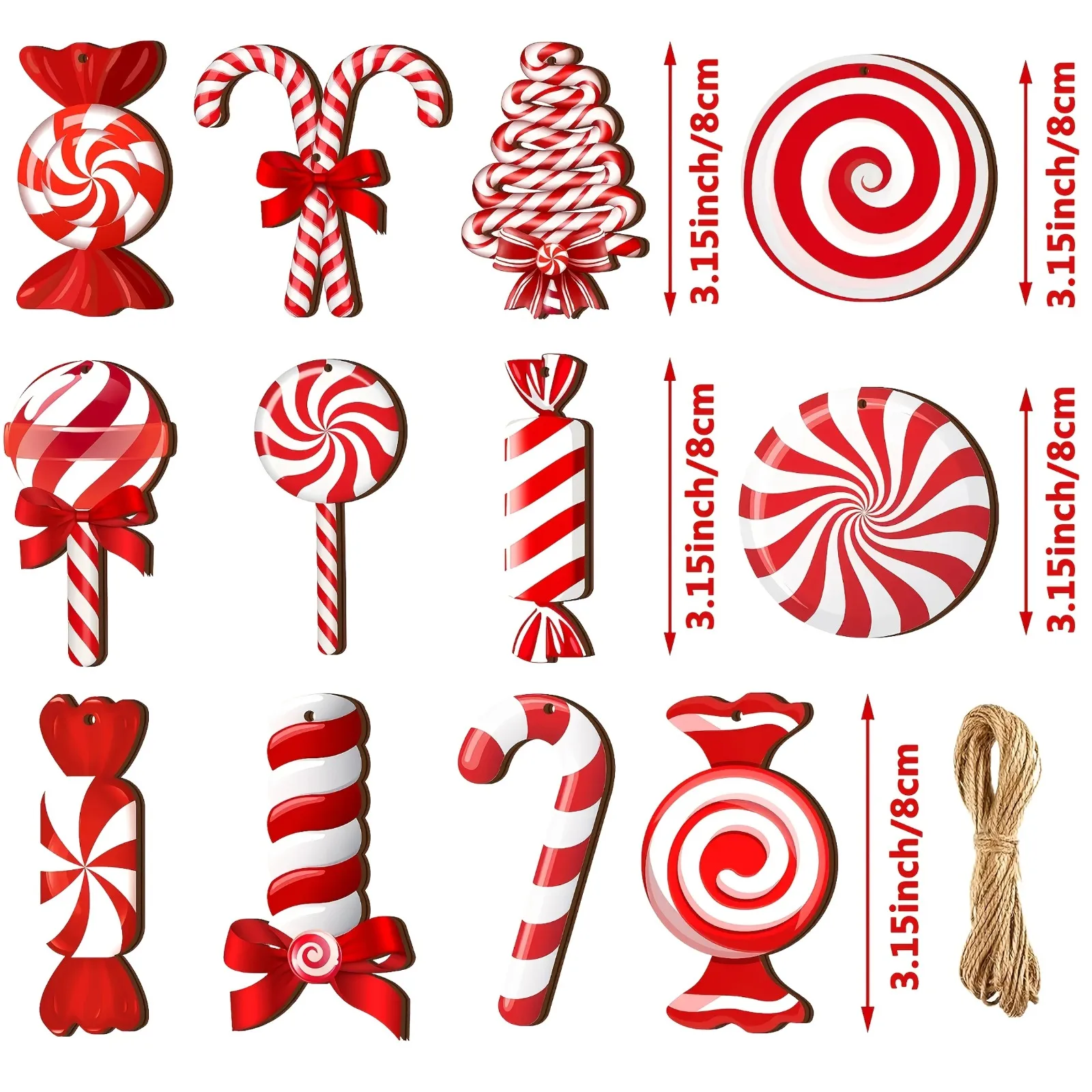 12/24 Stück rot-weiße Weihnachts-Zuckerstangen-Holzornamente zum Aufhängen, Pfefferminzstock-Anhänger für Weihnachtsbaum, Neujahr, Heimdekoration