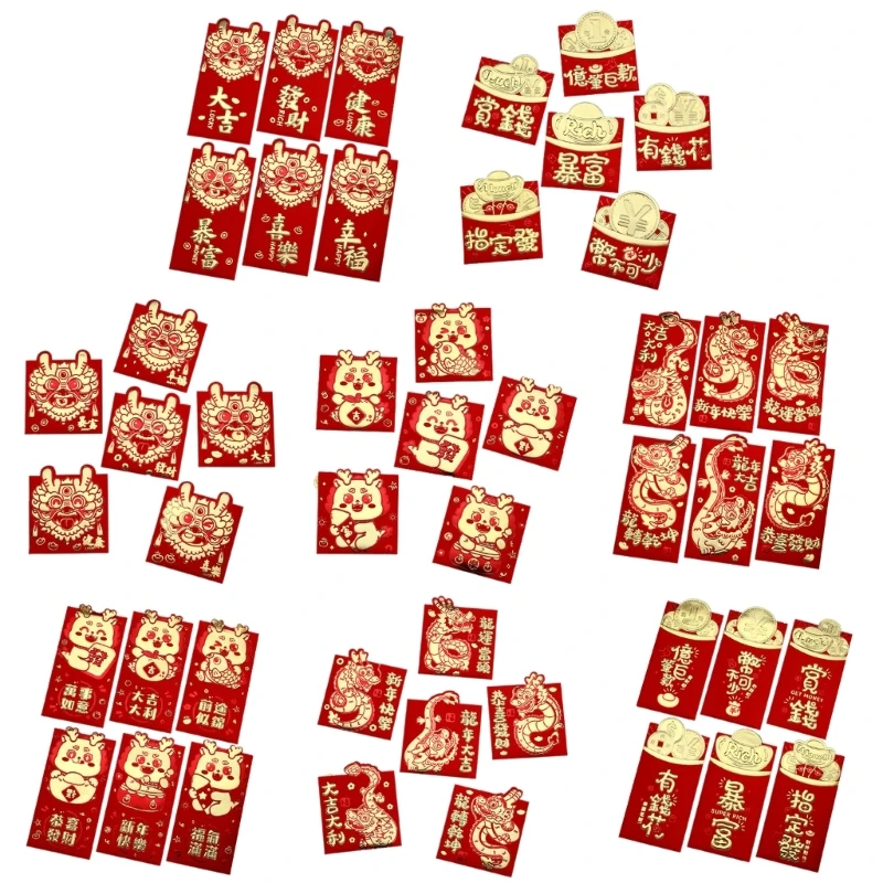 Y1UB 2024 Jahr chinesisches rotes Paket 6 Stück, einzigartige Designs für Geschenke, Hochzeit, Geburtstag, Party, Mitbringsel,