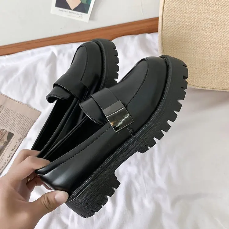 Woman Solid Black PU Leather Loafers Zapatos De Mujer Dropshipping 2021 Casual Women Slip on Flats Round Toe Platform Shoesad34