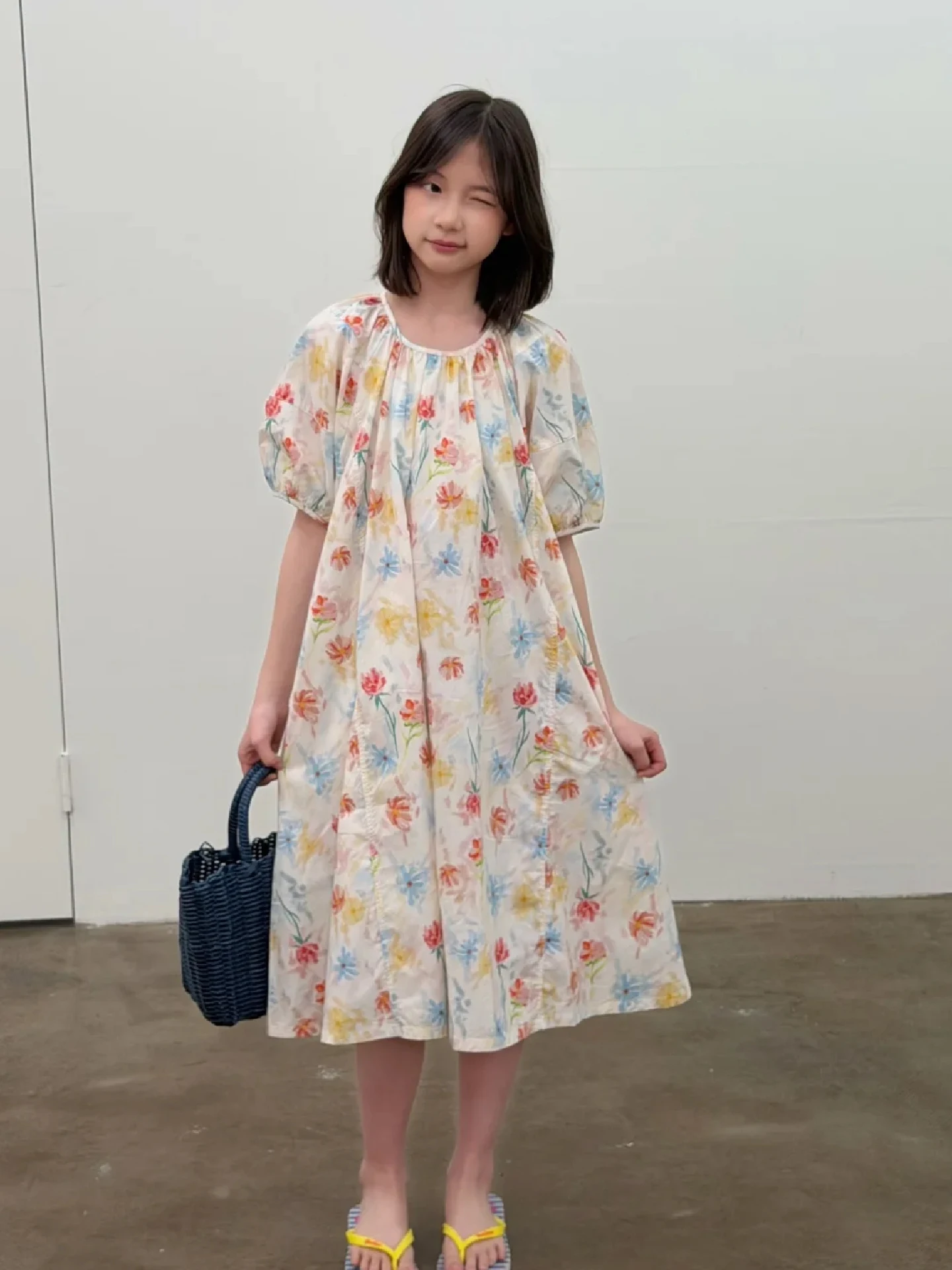 

Girls Mid-Length Printed Dress Summer Thin Princess Skirt Child's Clothing Sweet Style Short Sleeve Midi Dress for Kids