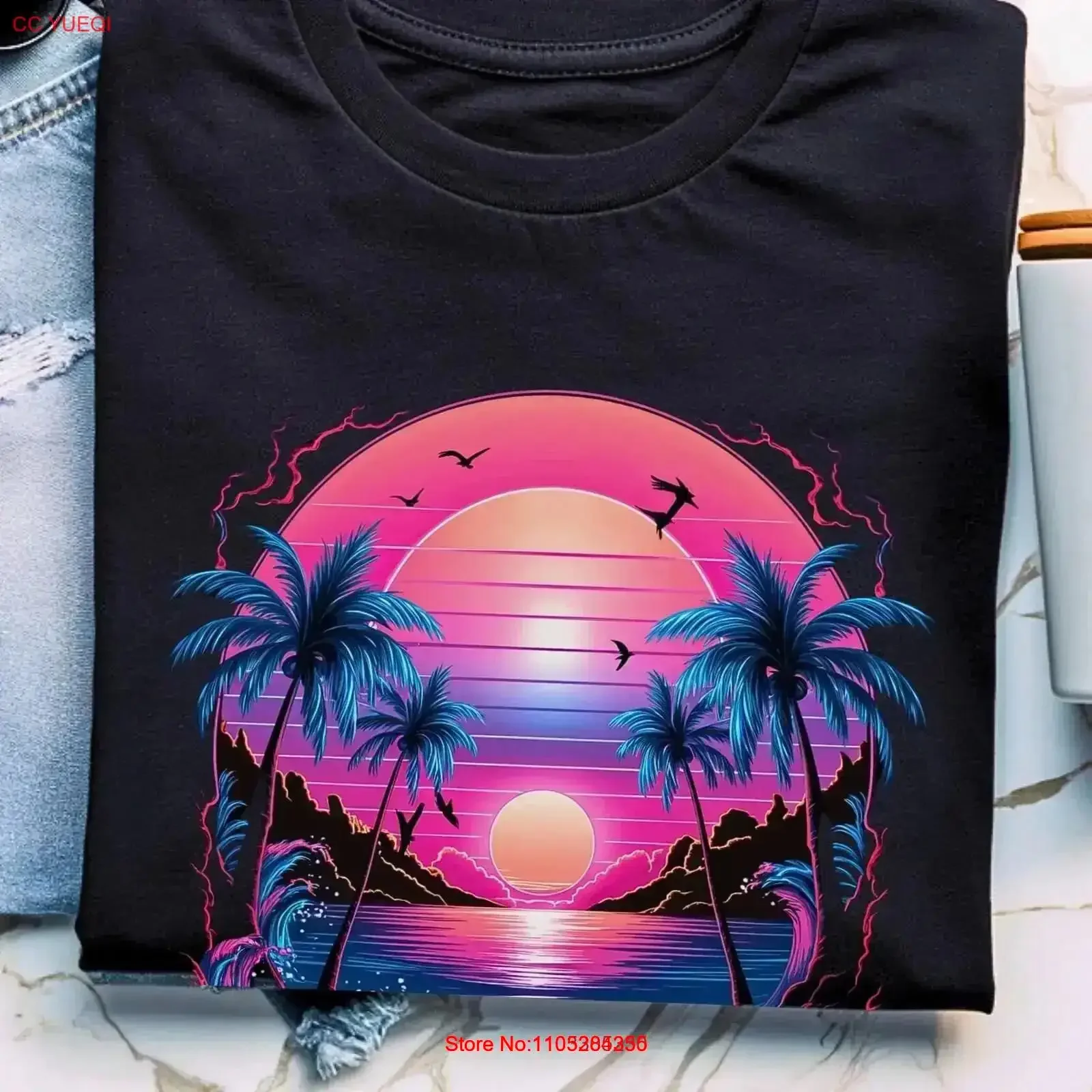 Vintage Beach Sunset T Shirt Retro Surfing Tropical Palm Tree Top 80s Coastal Vibes Vaporwave Aesthetic Apparel vintage Washed
