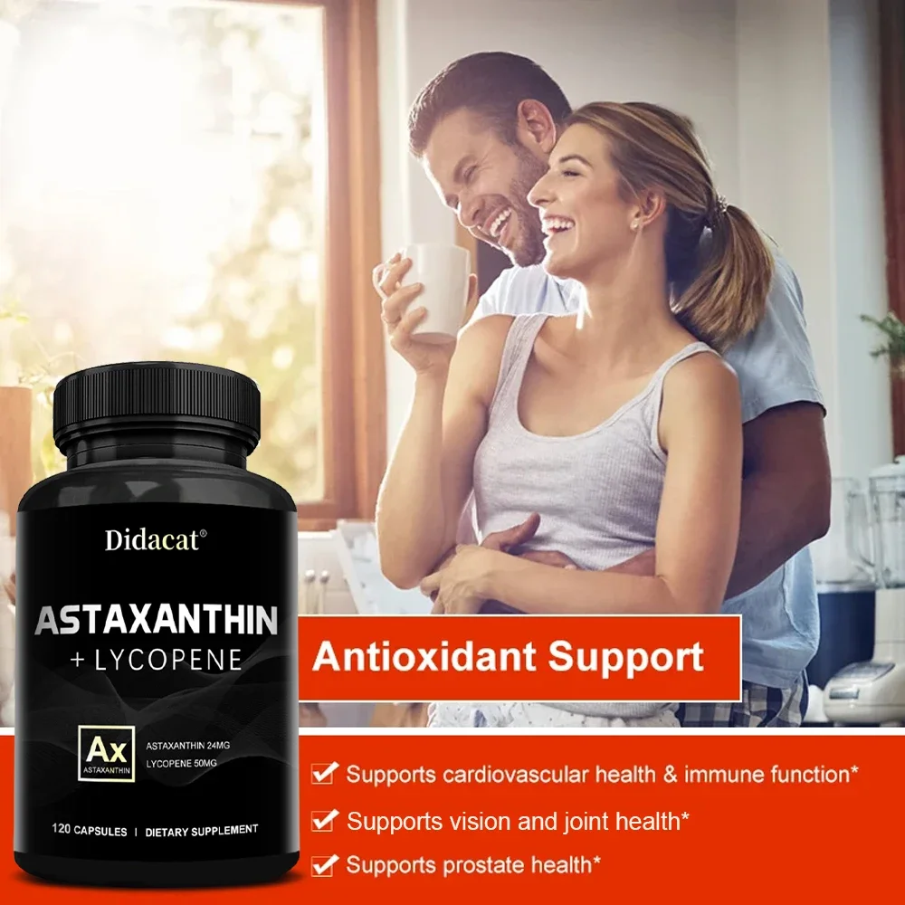 Astaxantina organica 24mg con licopene-visione delle articolazioni salute della prostata, integratore antiossidante, certificato Non ogm, senza glutine