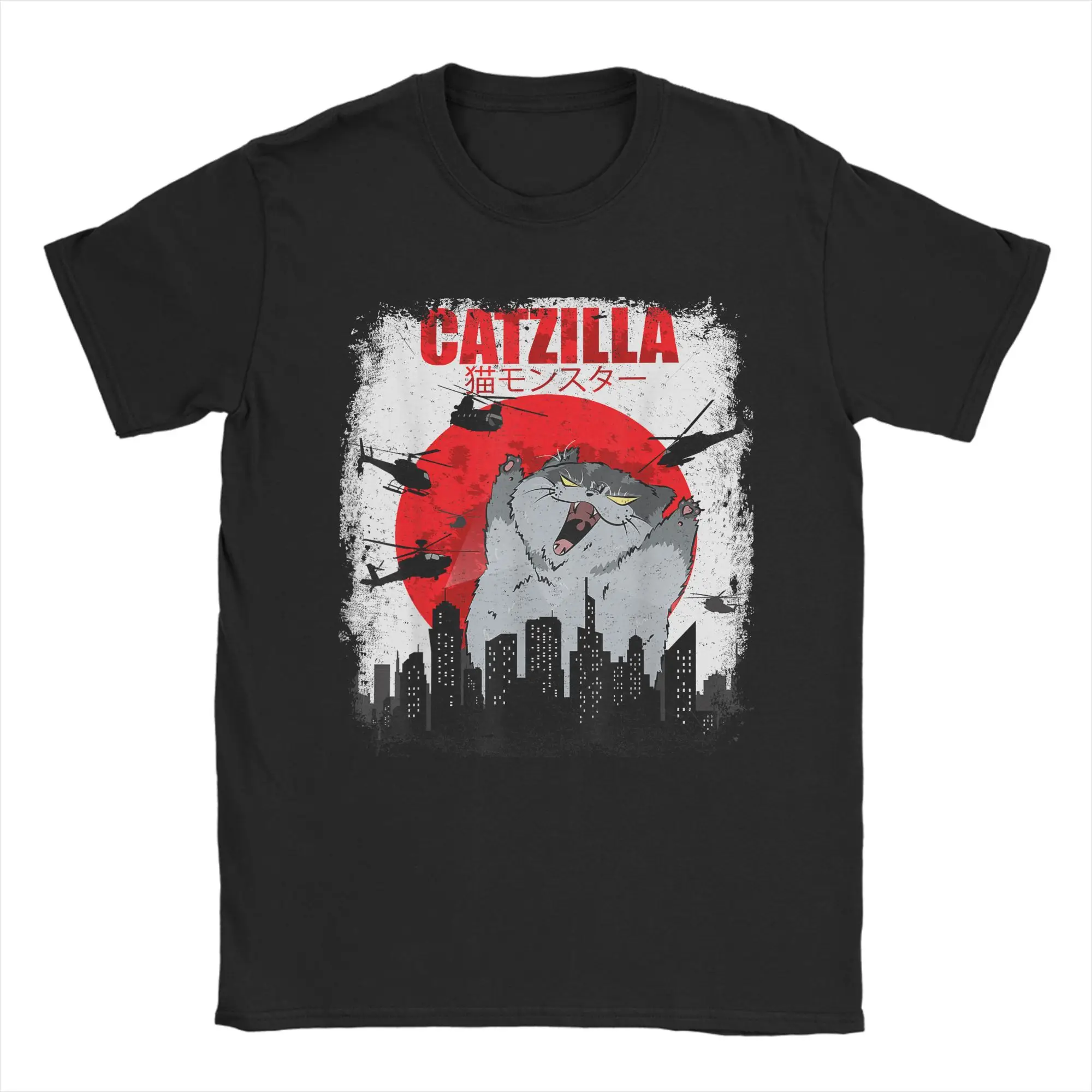

Kawaii Catzilla Japanese Cat T Shirt Men Pure Cotton Leisure T-Shirts Crewneck Funny Anime Tee Shirt Short Sleeve Tops Plus Size