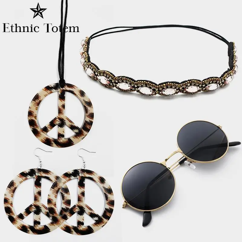 Woman 60s 70s Hippy Costume Accessory 4 Piece Leopard Print Vintage Sunglasses Peace Sign Necklace Earrings Hairband Jewellery