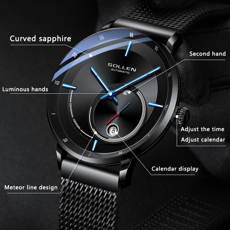 SOLLEN Stylish Sapphire Mirror Automatic Mechanical Watch Black Mesh Strap Men Watch Simple Calendar Display Reloj Hombre SL309