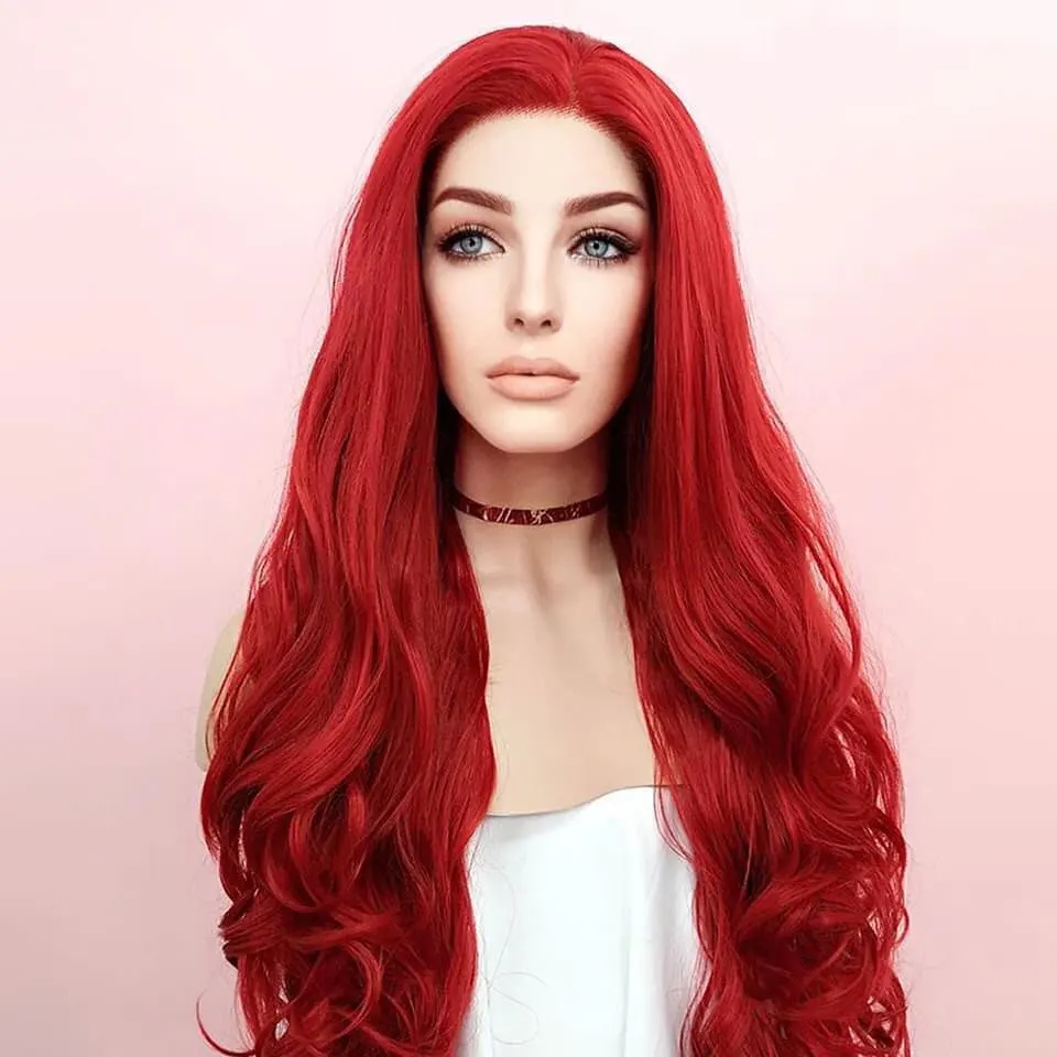 Natural Red Color Long Water Wavy Synthetic Hair Lace Front Wigs for White Women Glueless 180Density High Temperature Fiber Wigs