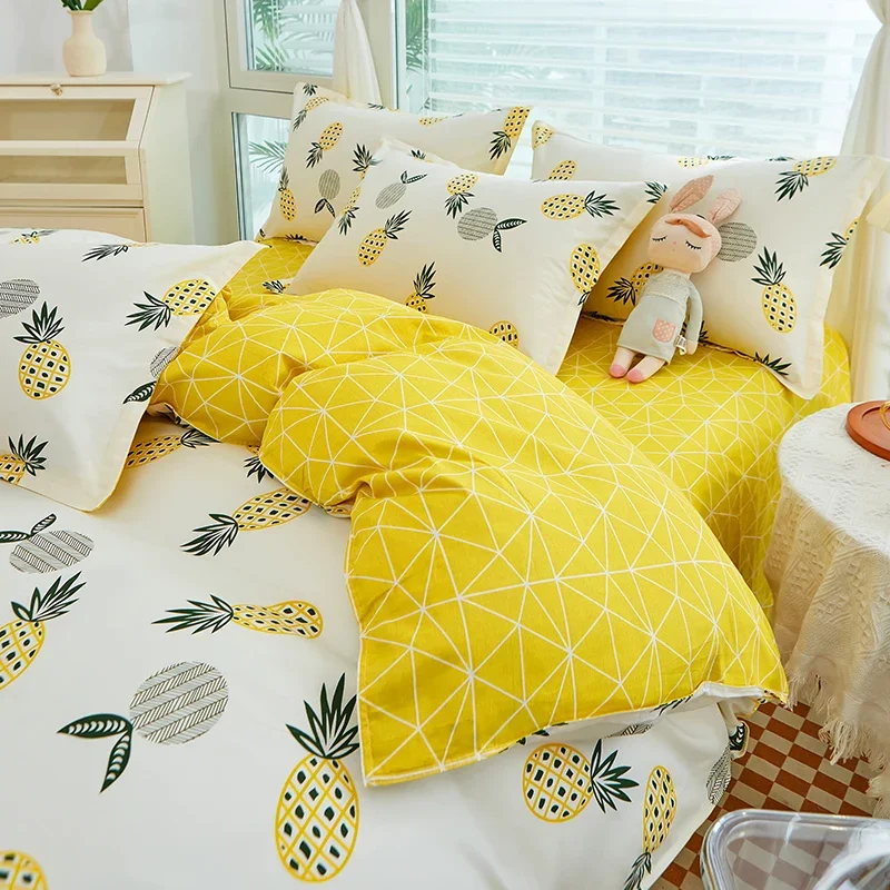 Cute Pineapple Cotton Duvet Cover Sets for Teen Girls Boys Yellow Bedding Set Tropical Fruit Pattern Comforter Covers Home Decor