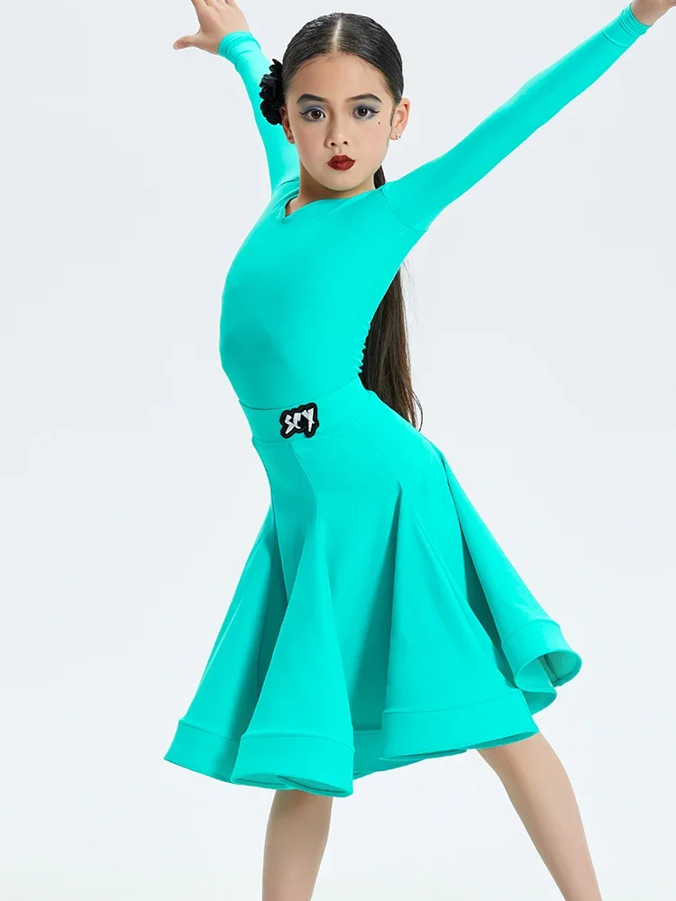 ชุดเดรสแขนยาวสำหรับเด็กผู้หญิง ชุดฝึกซ้อมเต้นชาช่า รุมบ้า แซมบ้า ชุดแข่งขันเต้นลาตินสำหรับเด็ก