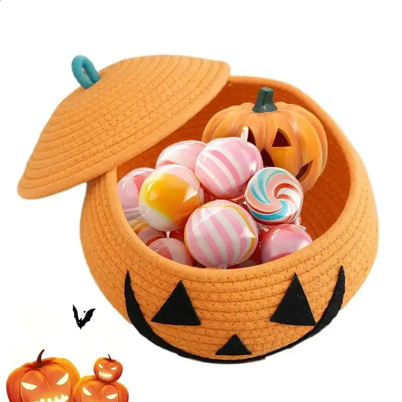 

Halloween Woven Pumpkin Basket Cotton Rope Pumpkin Woven Storage Box Home Cover Design Desktop Organization Childrens Basket