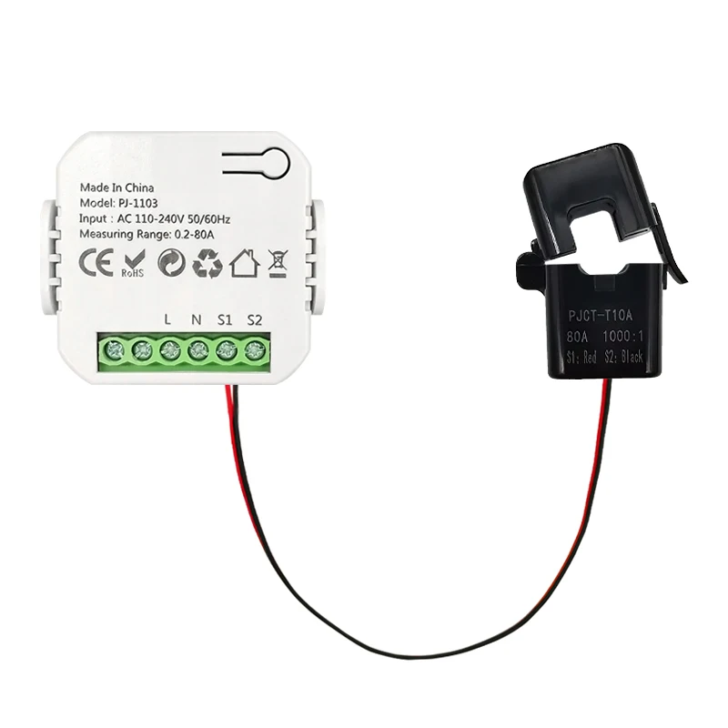 WLAN-Energiemonitor mit 80A Stromsensor-Klemme, kompatibel mit Tuya Smart App, Echtzeit-Fernüberwachung von Leistung, Stromstärke, Spannung und Energie, AC110-240V 50/60Hz