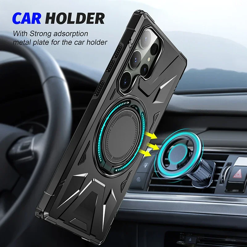 Armor Magnetic Case for Samsung Galaxy S24 Ultra S23 FE S22 Plus A14 A34 A54 Silicone Shockproof Car Holder Ring Kickstand Cover