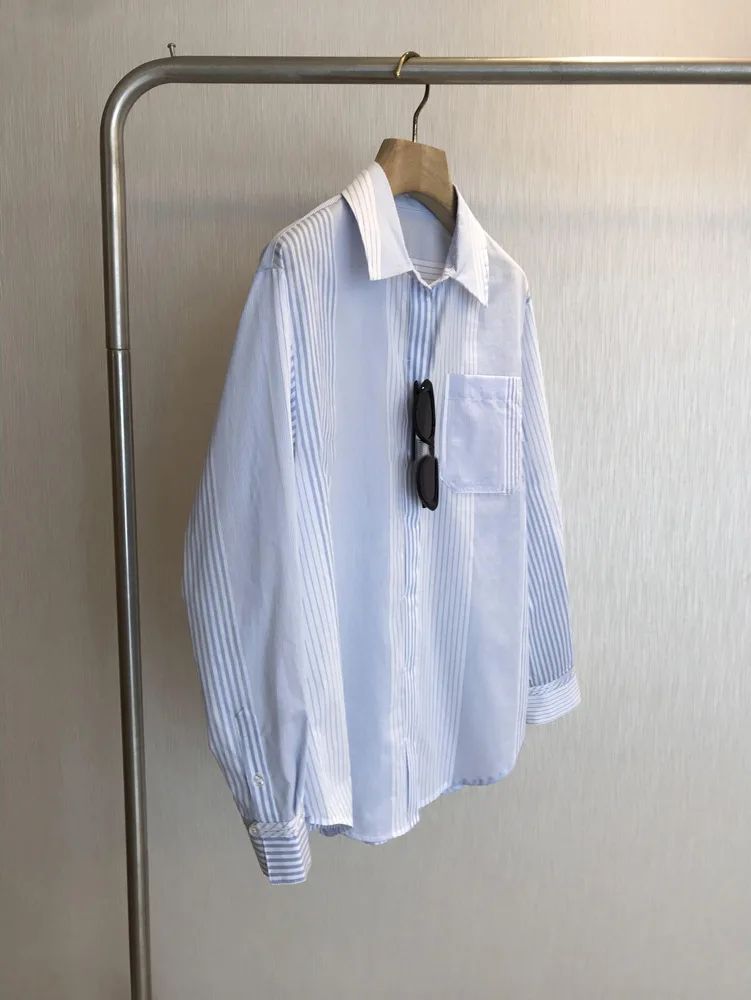 

Spring and summer women's casual striped lapel long sleeved loose shirt