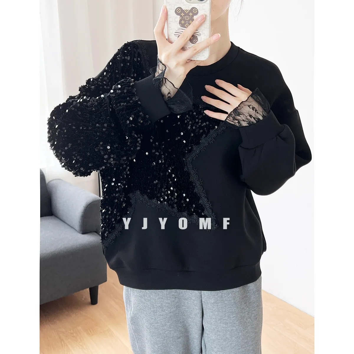 Fashion Sequins Memory Cotton Sweatshirt Womens Autumn Winter New Loose Air Cotton Hoodies Long Sleeve Pullover Black Casual Top