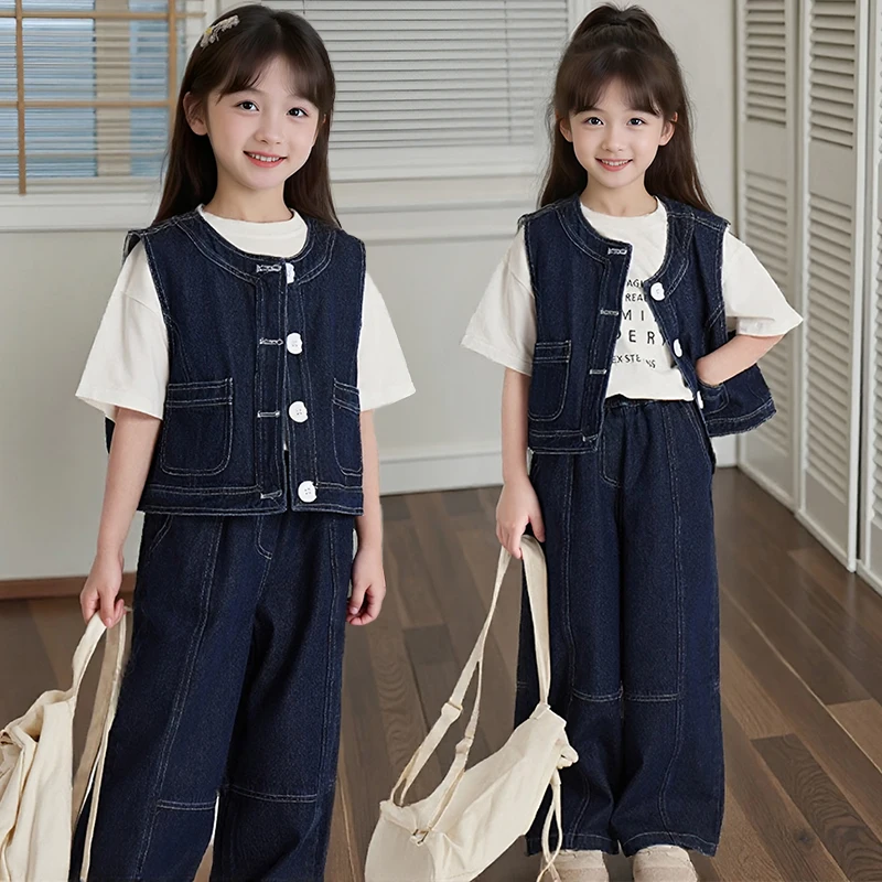 Conjunto de jeans para niña adolescente, conjunto de ropa, chaleco vaquero + Pantalones informales, 2 uds., pantalones para chico junior, trajes para niño, conjuntos para ninos
