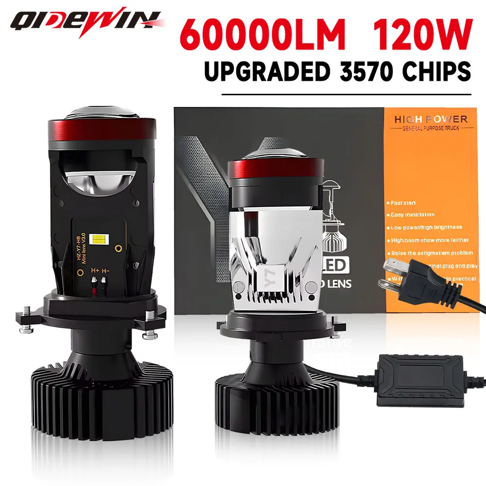 QIDEWIN Y7D 120W H4 Headlights Car H4 LED Mini Projector Lens 6000K High Low Beam Turbo Fan Auto LED H4 Lamp LHD RHD 12V 24V