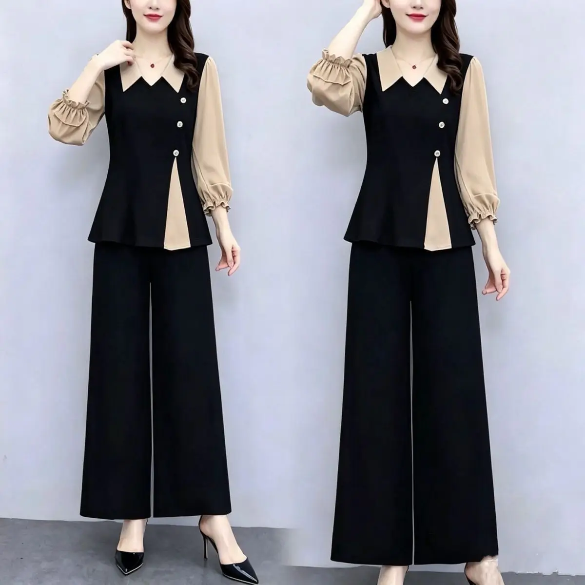 Fashion Female Set Large Size Thin New Splicing Shirts Micro Flared Pants Two-piece Suits Women Temperament Wide-leg Pants 2PCS