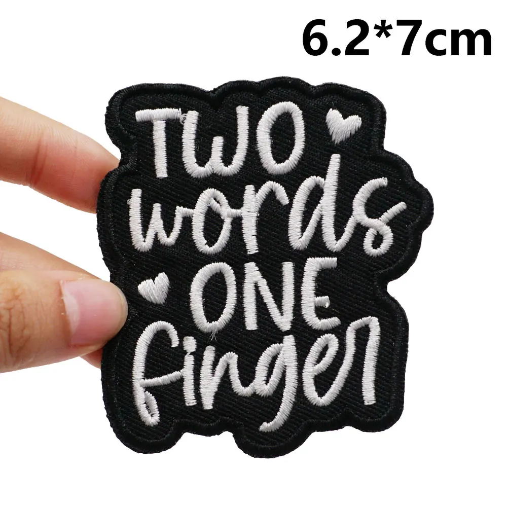 TWO WORDS ONE FINGER Embroidered Patches Applique Sewing Label punk biker Band Rock Clothes Badges with hook backing or sew on