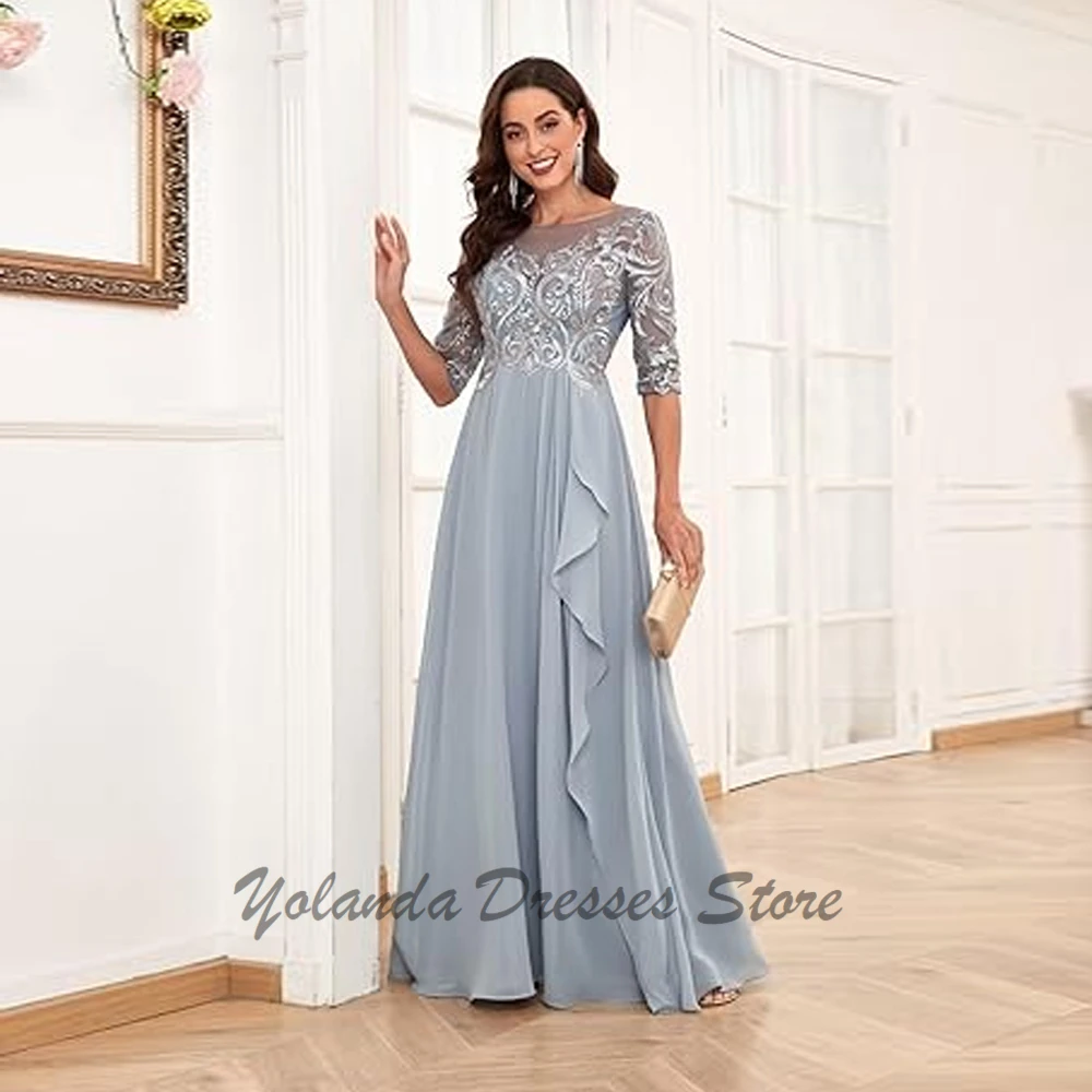 

Chiffon Lace Up Mother of The Bride Dresses for Wedding Long Ruffles Formal Evening Gown with Sleeves Floor Length Applique Lace