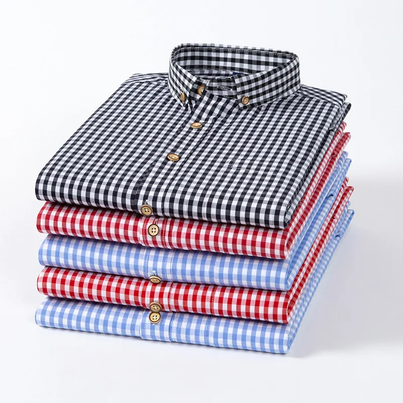 2023 Men Long Sleeve Red Blue Plaid Full Cotton Casual Shirt Size Range 38 - 44 Daily Cotton Cloth Four Seasons Business Office