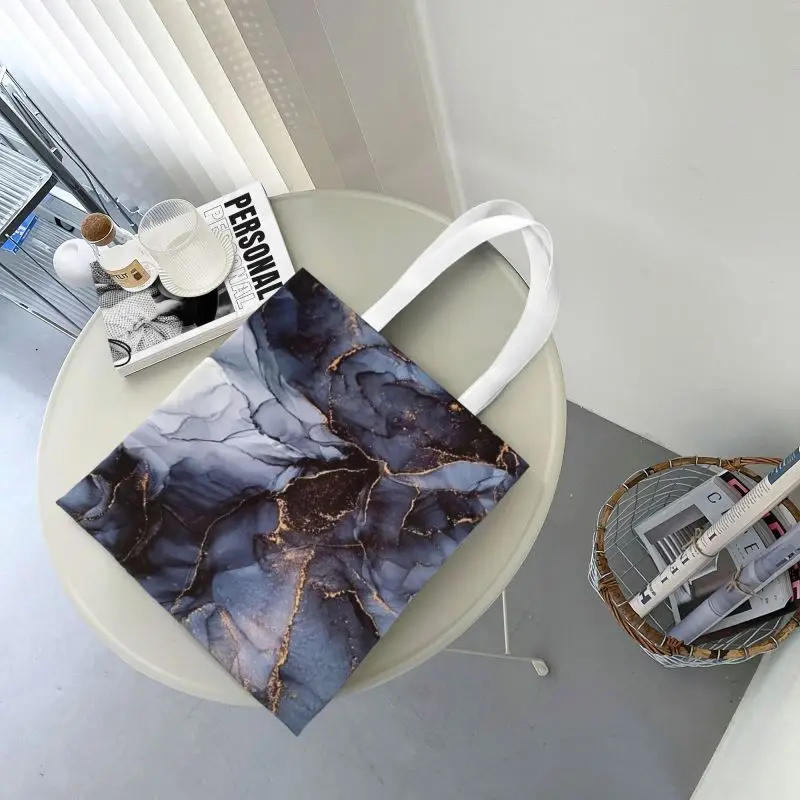 Funny Luxurious Black And Grey Agate Stone With Gold Texture Shopping Tote Bag Reusable Canvas Grocery Shopper Shoulder Bag