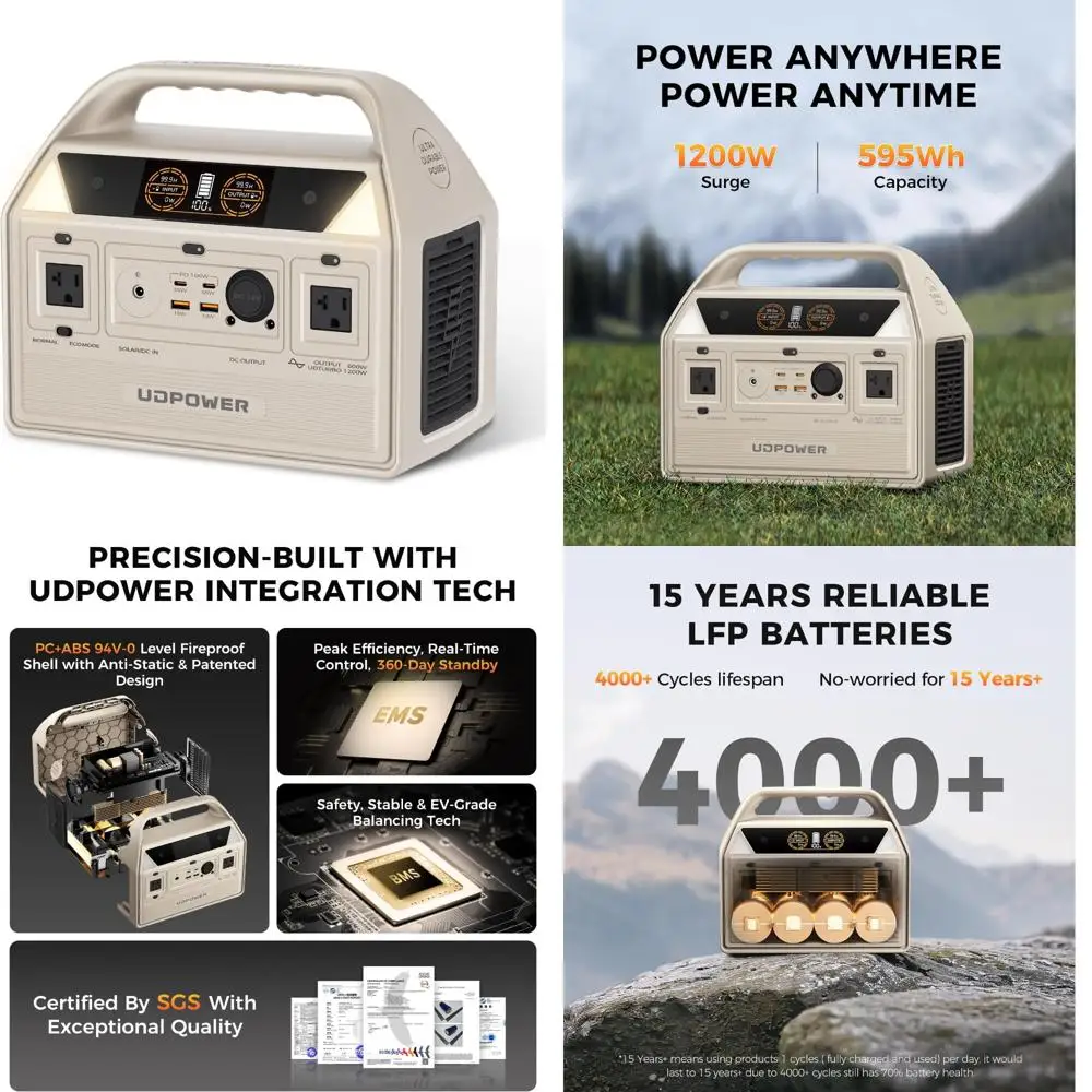 

portable 600w power station with 1200w surge ac output, 595wh lifepo4 battery for solar charging, ideal for cpap, camping, trave