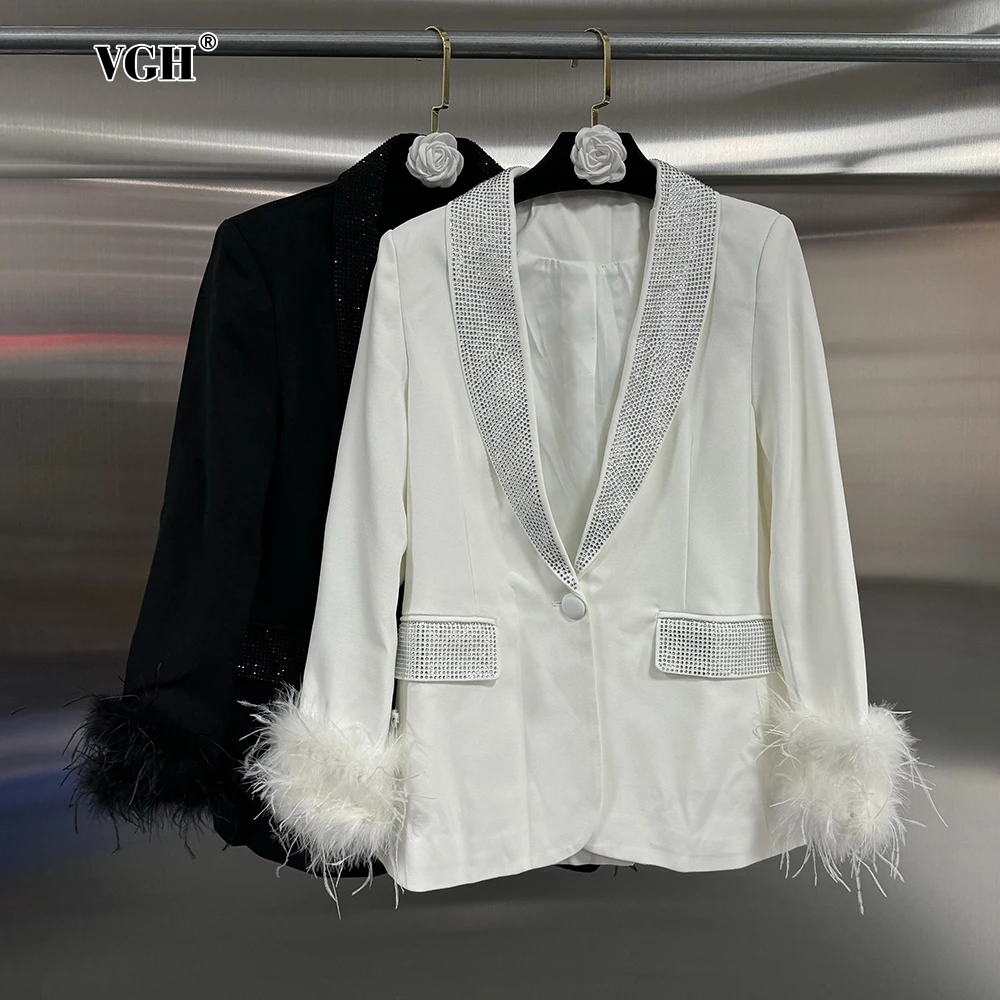 

VGH Casual Patchwork Feathers Loose Blazer For Women Notched Collar Long Sleeve Spliced Diamonds Temperament Blazers Female New