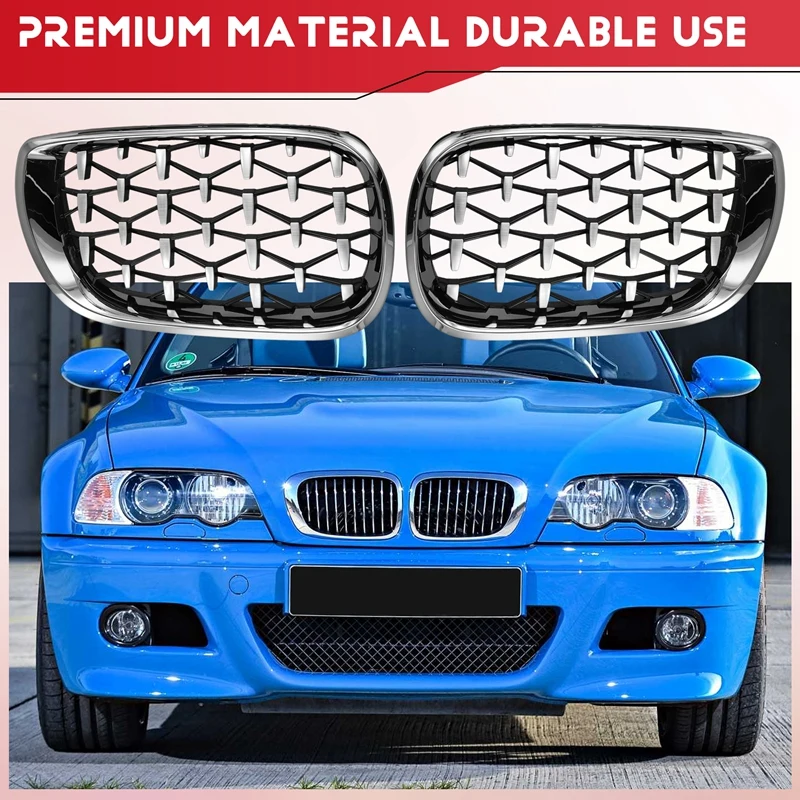 

Pair Chrome Diamond Front Grill Kidney Grille L+R For BMW E46 4-Door Sedan 2002-2005