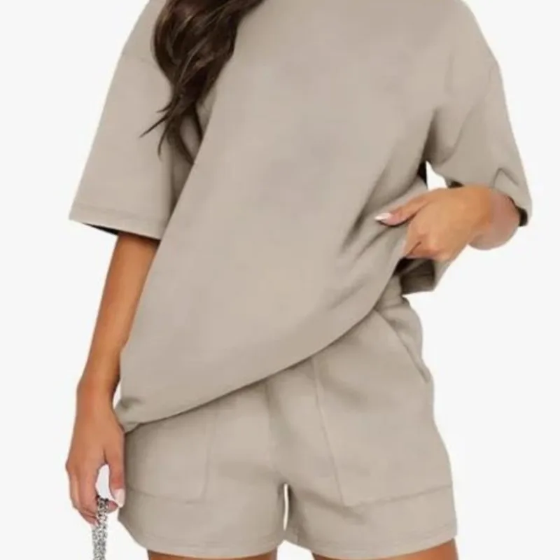 

Fashion Summer Solid Casual Suit New Elegant Casual O Neck Short Sleeve Short Pants Set Of 2 Pieces Holiday Womens Clothing