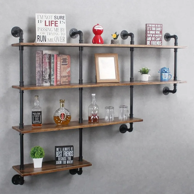 4-Tiers 63inch Industrial Pipe Shelving,Rustic Floating Shelves,Shelves Wall Mount With Wine Rack,Decorative Accent Wall