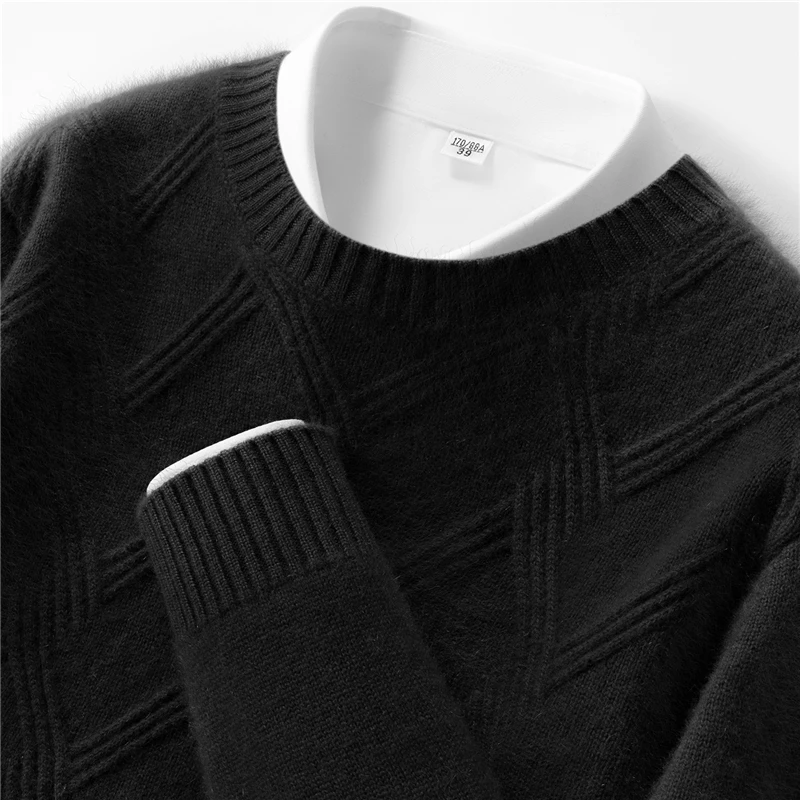 100% pulôver de caxemira pura masculino casual cor sólida camisola de malha geométrica solta em torno do pescoço topos grosso e quente jumper