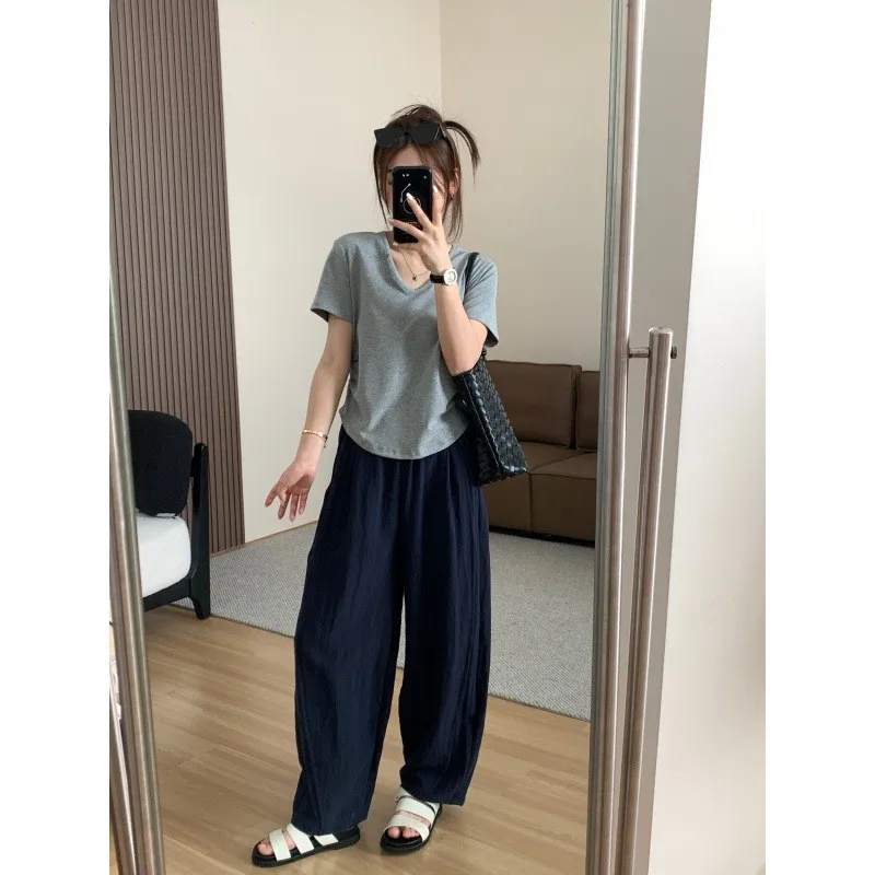 Slimming Heart Collar ort Sve T-irt Women Summer Waist Cinched Pleated Casual All-Match  Color Asymmetrical Top