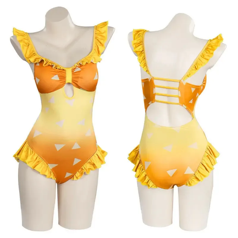 Aa124LQDemon Slayer conjunto de traje de baño Kamado Tanjirou Cosplay Nezuko Zenitsu Kochou Shinobu Bikini playa Anime disfraz de Halloween
