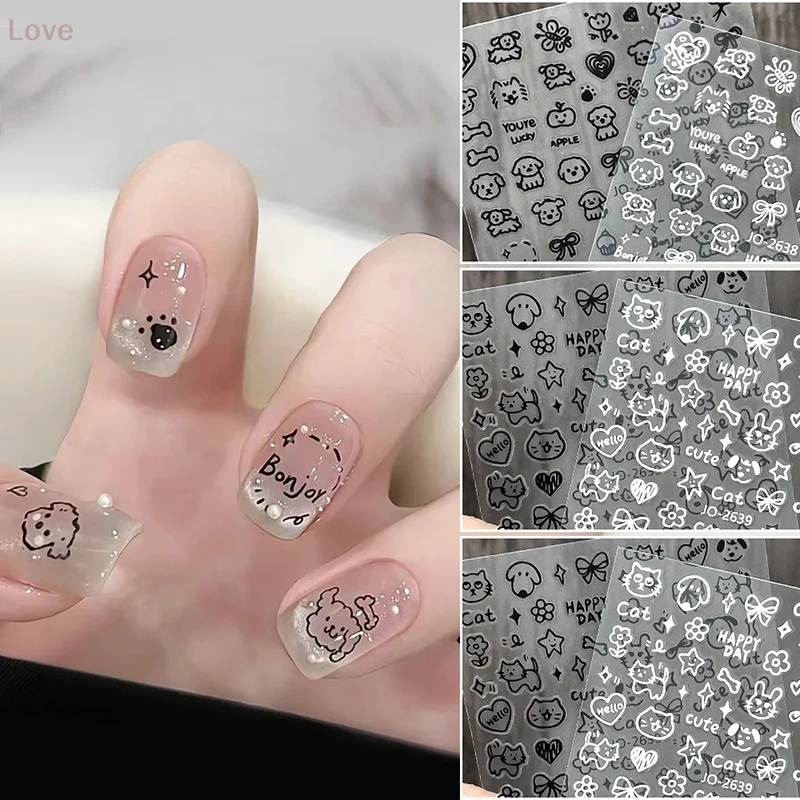 Autocollant pour ongles de chats noirs de dessin animé, peinture Graffiti, chaton mignon, décalcomanies Design de couleur noir et blanc, décor pour Nail Art pour femmes