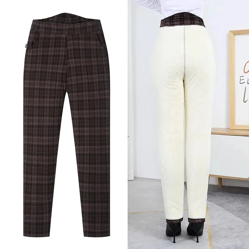 Mother's Straight Trousers Casual Elastic High Waist Autumn Pants Women Winter Thick Velvet Warm Stripes Pants -30 degrees