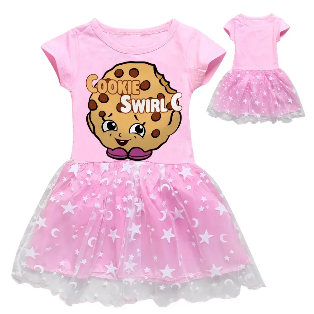 Summer Cookie Swirl C Girls Short Sleeve Dresses New Kids Toddler Cotton Cartoon Wavelet Point for Baby Girl Clothes 1163