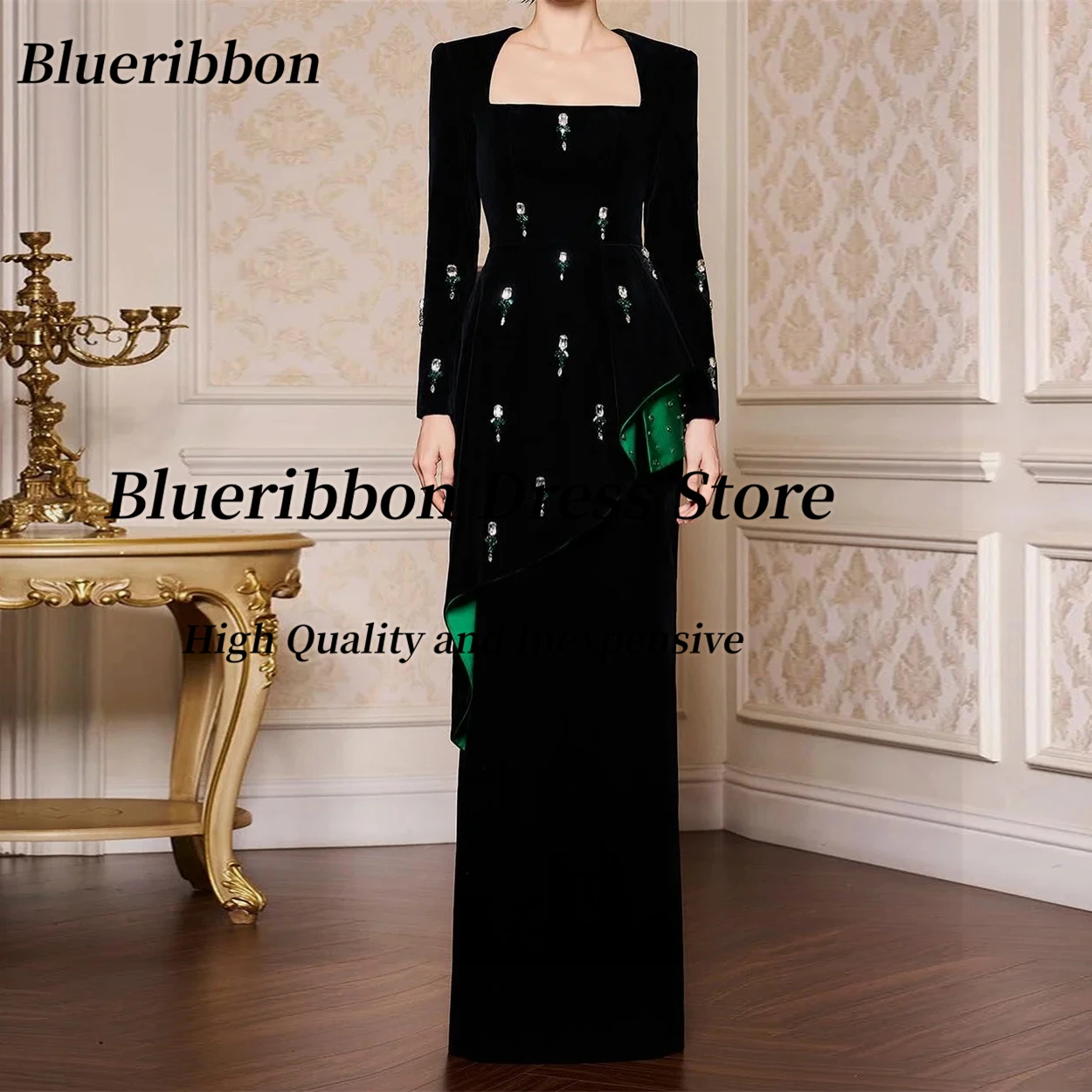 

Черные платья-футляры Blueribbon для вечерней вечеринки, расшитые бисером Vestidos Des Fiesta, платье для выпускного вечера по индивидуальному заказу с длинными рукавами