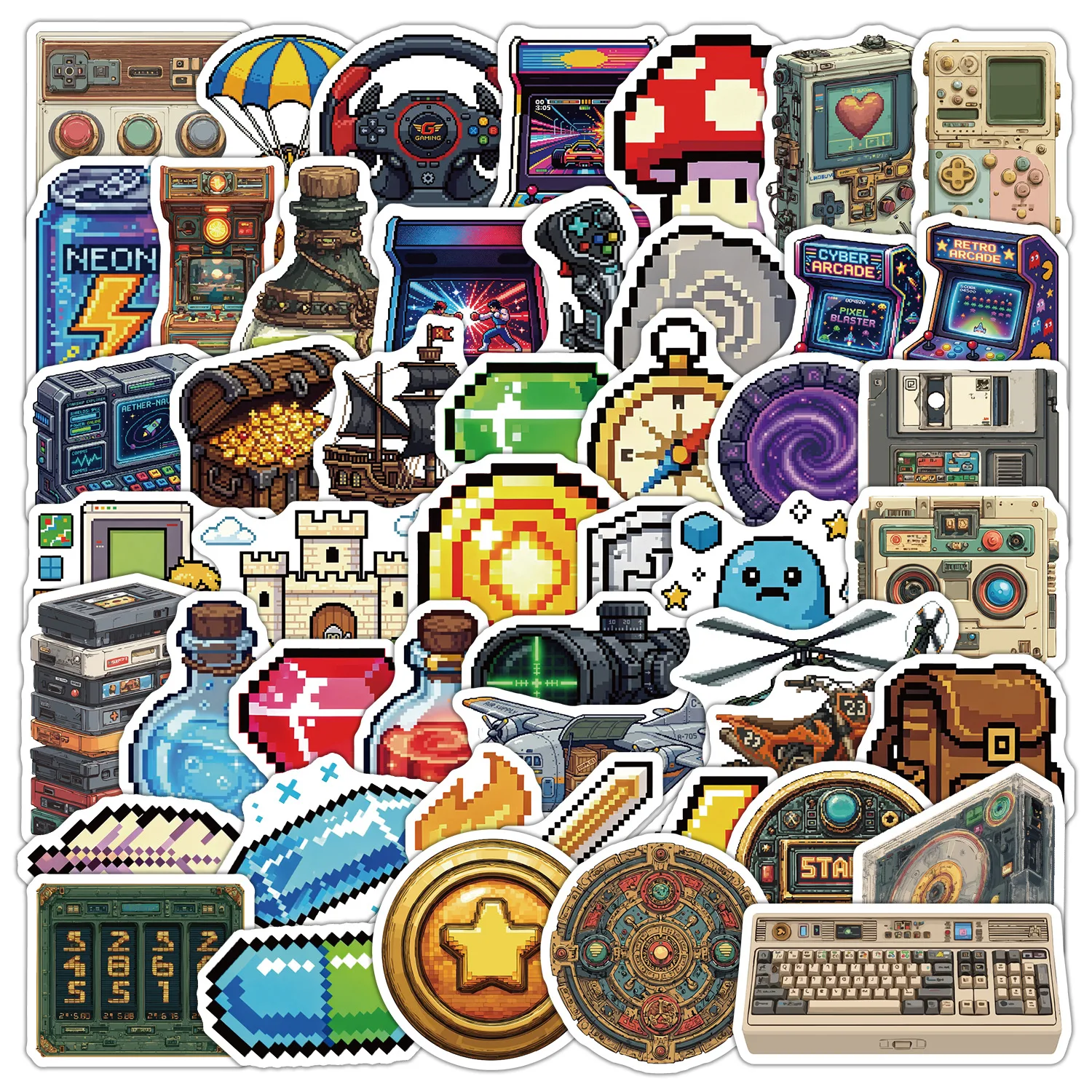 50Pcs Retro Pixel Game Stickers Creative Pixel Art  Decals For Phone Laptop Suitcase Notebook Waterproof Stickers