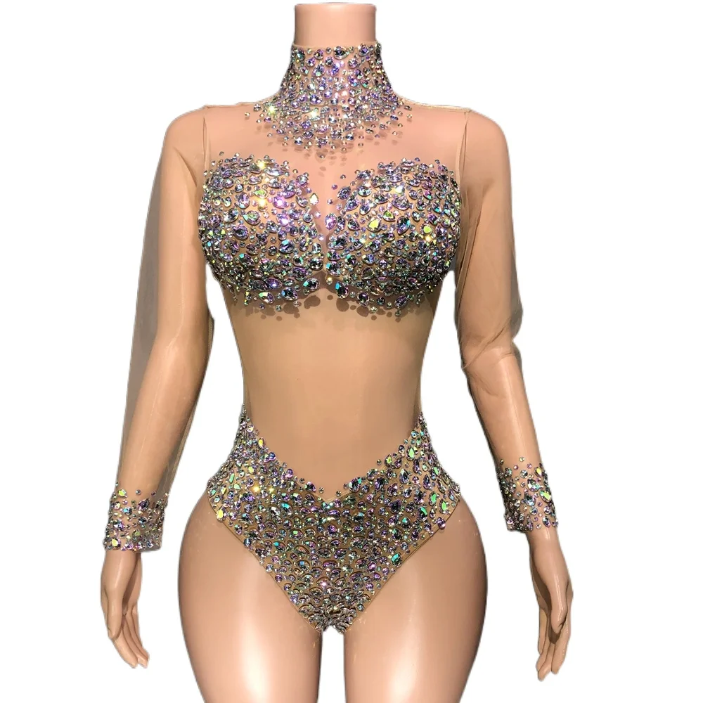 Sparkly AB Rhinestones Bodysuit Sexy Mesh See Through Dance Costume Performance Leotard Women Nightclub Outfit Dancer Stage Wear