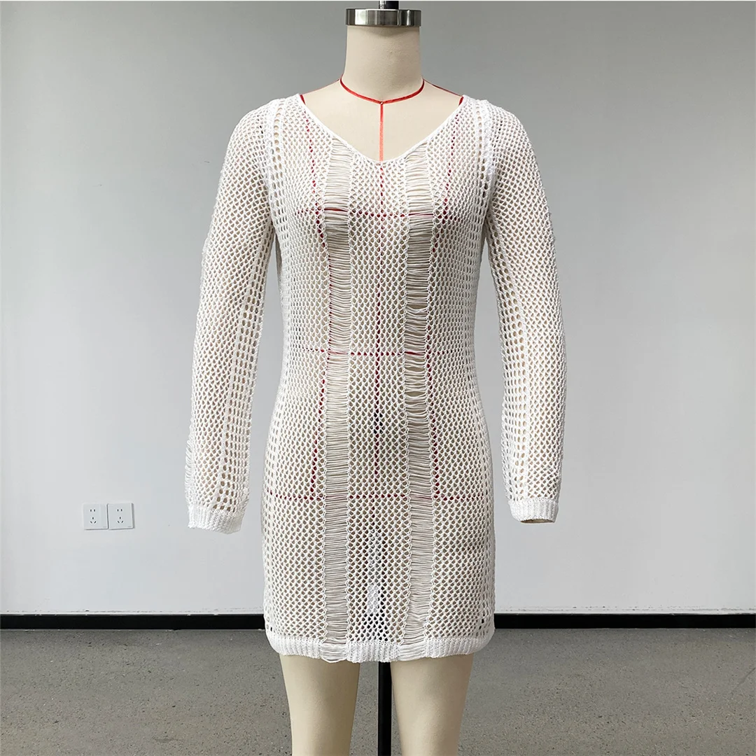 2026 Langarm-Schulterfreies Häkel-Strick-Tunika Strand-Überwurf Strandkleid Strandmode Damen V8330 – Detail 11