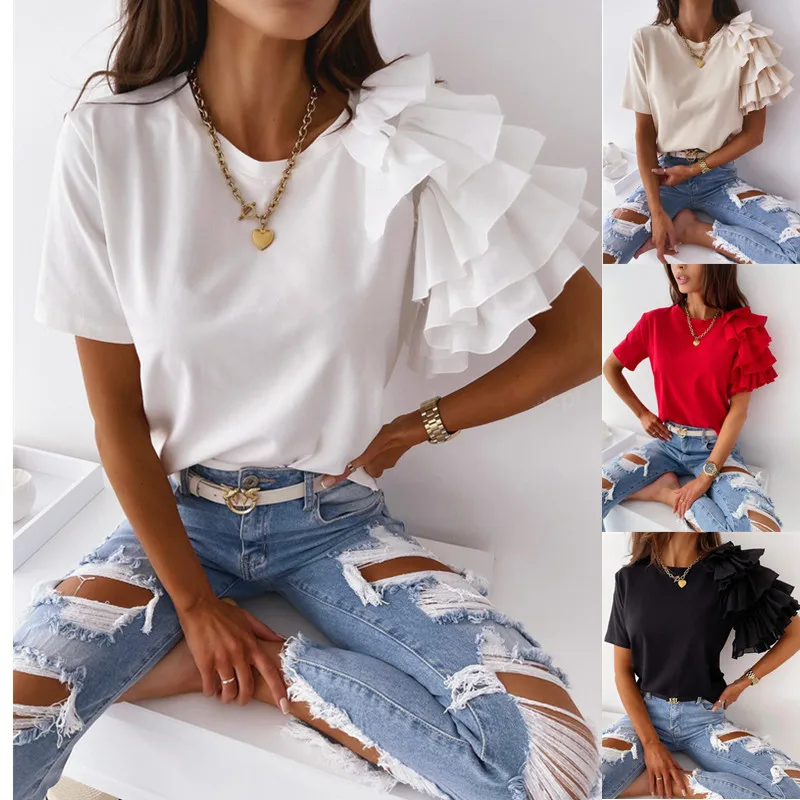 

2024 Spring and Summer New Women's Ins Style European Casual Simple Fashion Ruffled Short-sleeved Round Neck Ladies Hot T-shirt