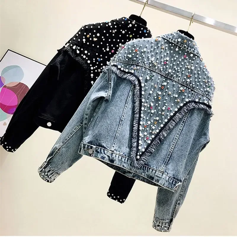 

New Streetwear Denim Jacket With Pearls Beading Heavy Denim Coat Women Jaqueta Feminina