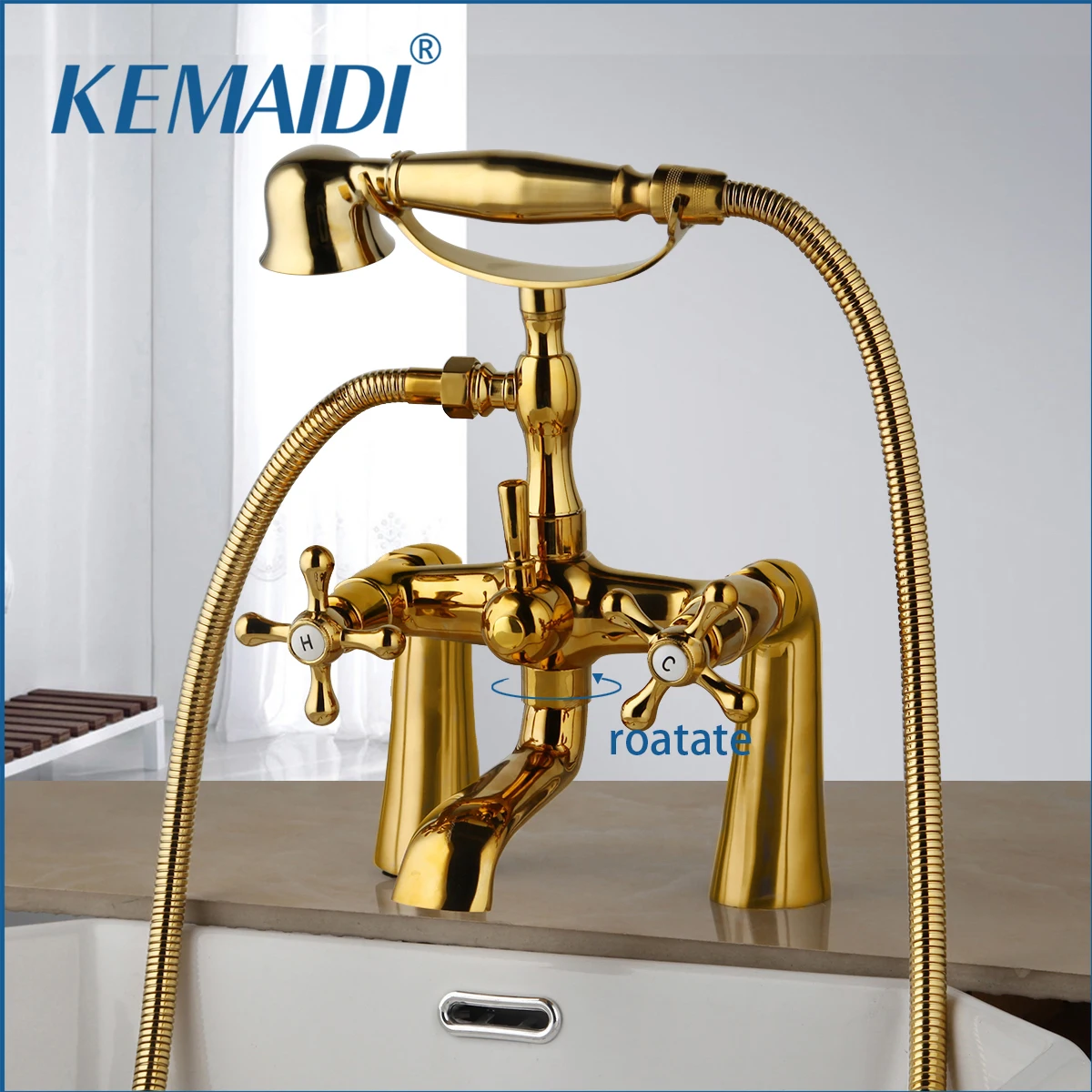 KEMAIDI Antique Brass Golden Bathtub Shower Faucets Set Dual Knobs Mixer Tap Deck Mounted Bath Shower Swivel Tub Spout Shower