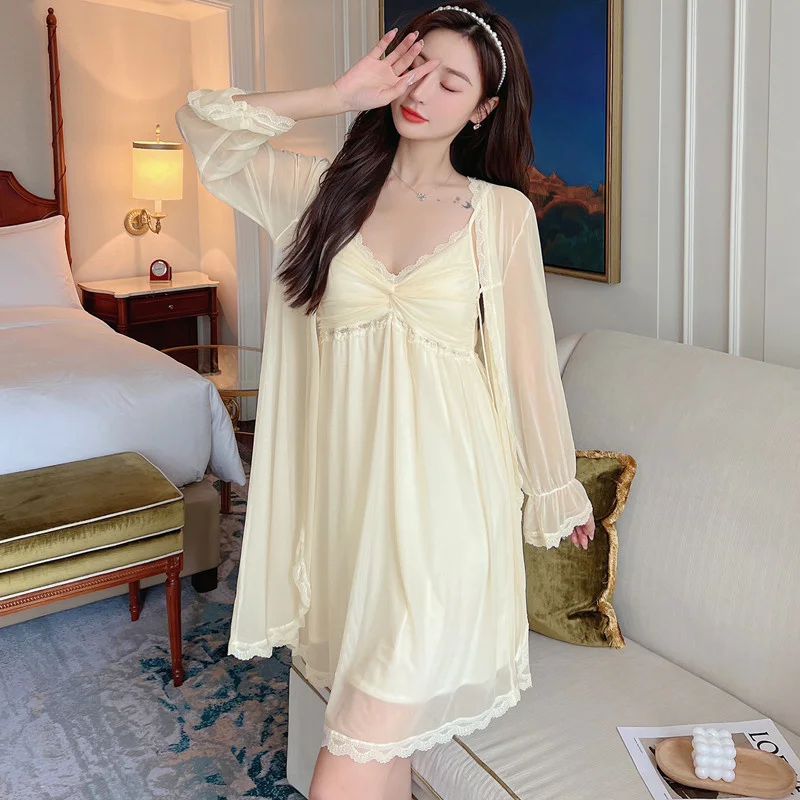 Summer 2Pcs Sweet Robe Nightdress Set Women Mesh Bathrobe Suit Sleepwear Chemise Nightgown Lace Elegant Hollow Home Gown