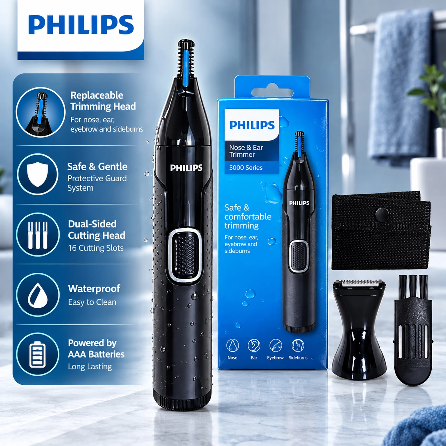 Philips Nose Hair Trimmer for Men NT5650/15 Ear Eyebrow Facial Grooming Electric Hair Clipper Washable Replaceable Heads