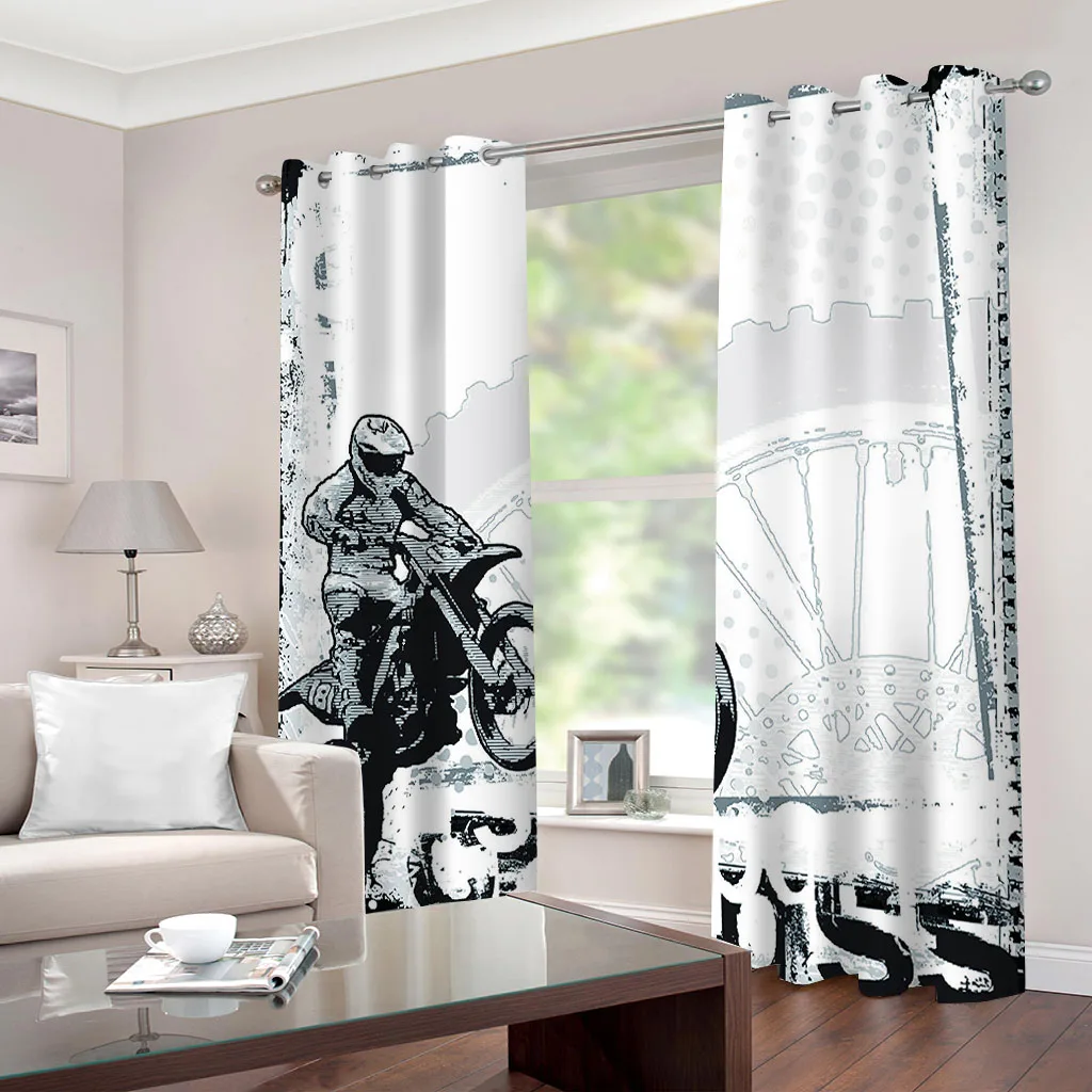 HUANZHUANG Blackout Curtain Abstract Motorbike Rider 2Pcs Painting Print Curtain Polyester Material For Living Room Bedroom