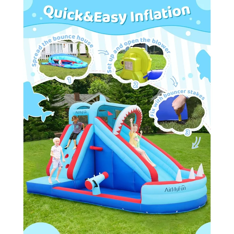 Casa di rimbalzo, casa gonfiabile gonfiabile a tema squali con scivolo, parco acquatico per bambini con scivoli d'acqua Castello di buttafuori