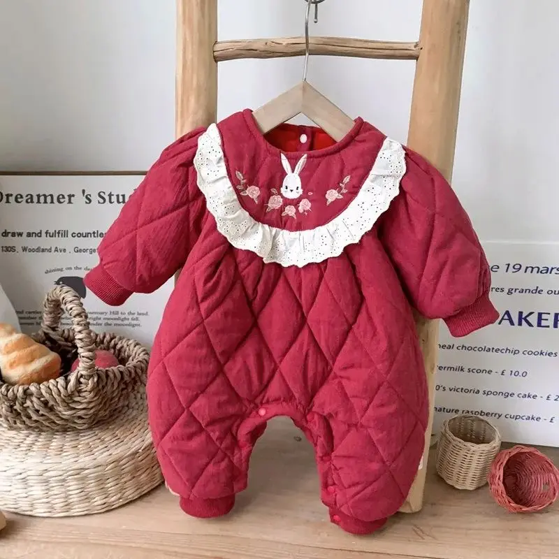Baby Girls Romper Cute Rabbit Embroidery Ruffle Lace Warm Padded Jumpsuit For Winter Soft Velvet Infant Outfits 3-24 Months